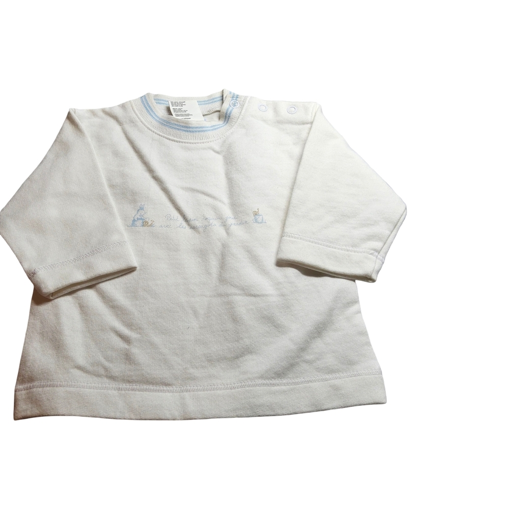 NWOT Jacadi Size 6 months Baby Long-Sleeve Cream Top with Light Blue Trim